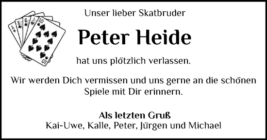 Traueranzeige von Peter Heide von Schleswiger Nachrichten, Schlei-Bote, Eckernförder Zeitung
