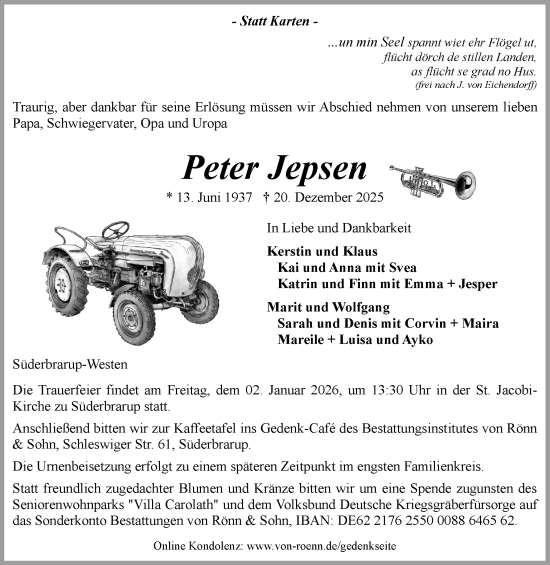 Traueranzeige von Peter Jepsen von Region Flensburg