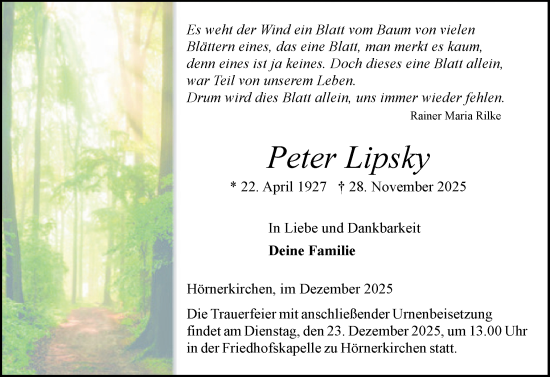 Traueranzeige von Peter Lipsky von Elmshorner Nachrichten, Barmstedter Zeitung