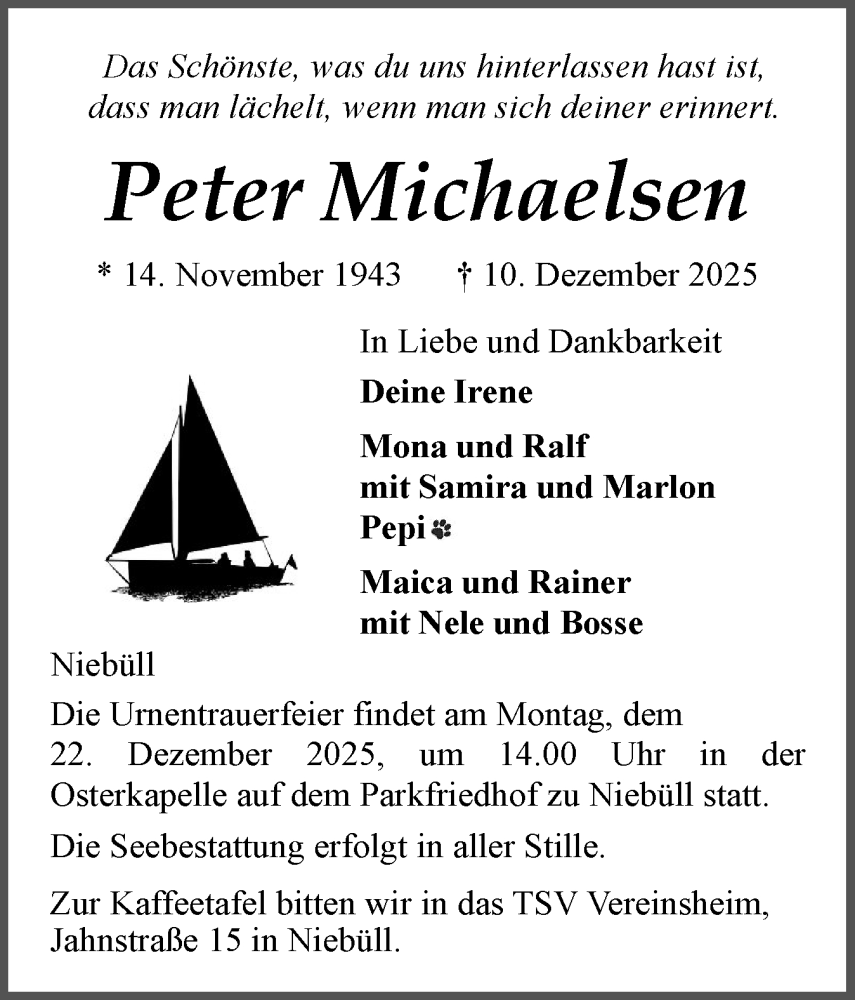  Traueranzeige für Peter Michaelsen vom 16.12.2025 aus Husumer Nachrichten, Nordfriesland Tageblatt