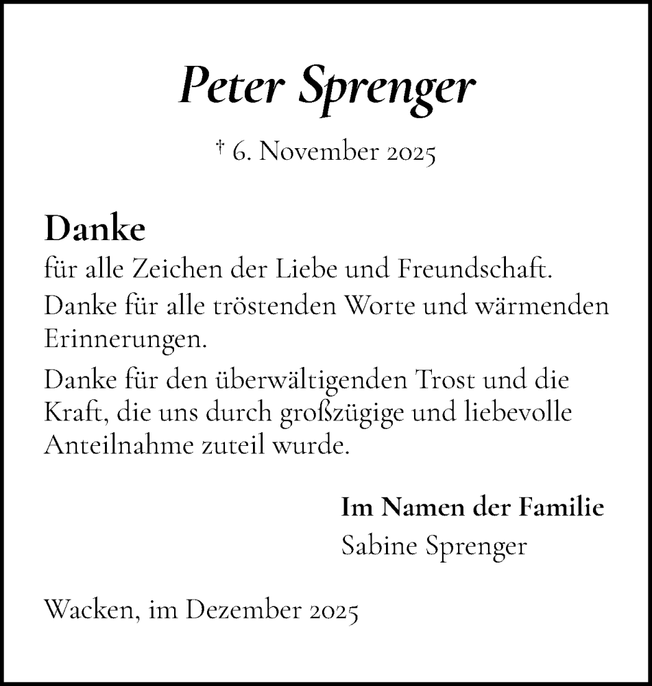  Traueranzeige für Peter Sprenger vom 06.12.2025 aus Norddeutsche Rundschau, Wilstersche Zeitung, Glückstädter Fortuna