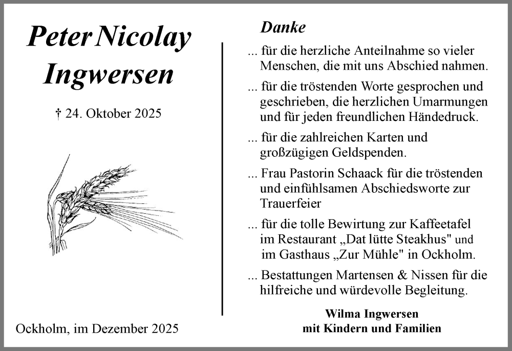 Traueranzeige für Peter Nicolay Ingwersen vom 06.12.2025 aus Husumer Nachrichten, Nordfriesland Tageblatt