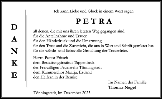 Traueranzeige von Petra  von MARKT Ahrensburg/Bargteheide/Trittau und Stormarner Tageblatt