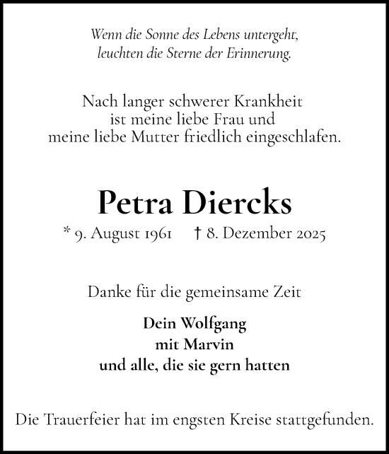 Traueranzeige von Petra Diercks von Elmshorner Nachrichten, Barmstedter Zeitung
