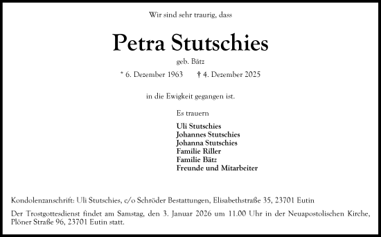 Traueranzeige von Petra Stutschies von Ostholsteiner Anzeiger