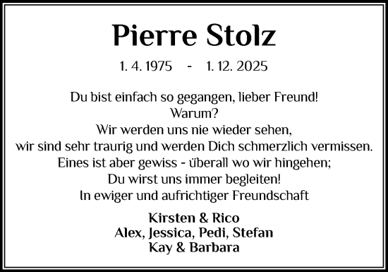 Traueranzeige von Pierre Stolz von Region Pinneberg und tip Pinneberg