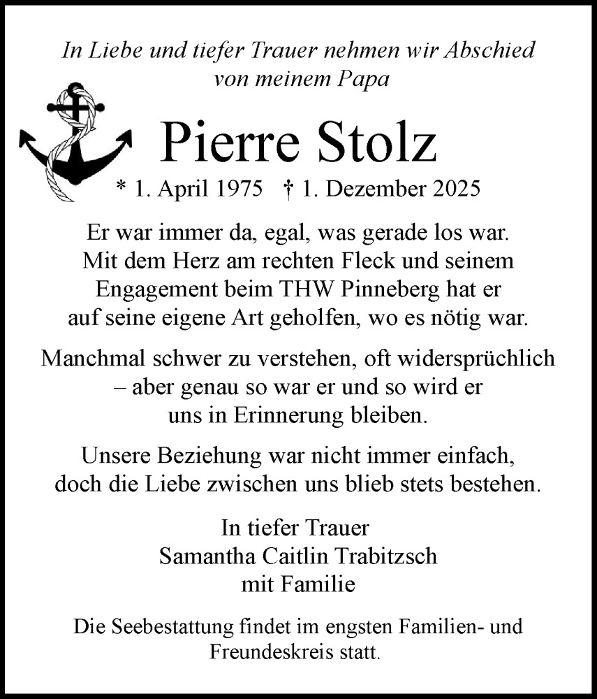  Traueranzeige für Pierre Stolz vom 13.12.2025 aus Region Pinneberg und tip Pinneberg