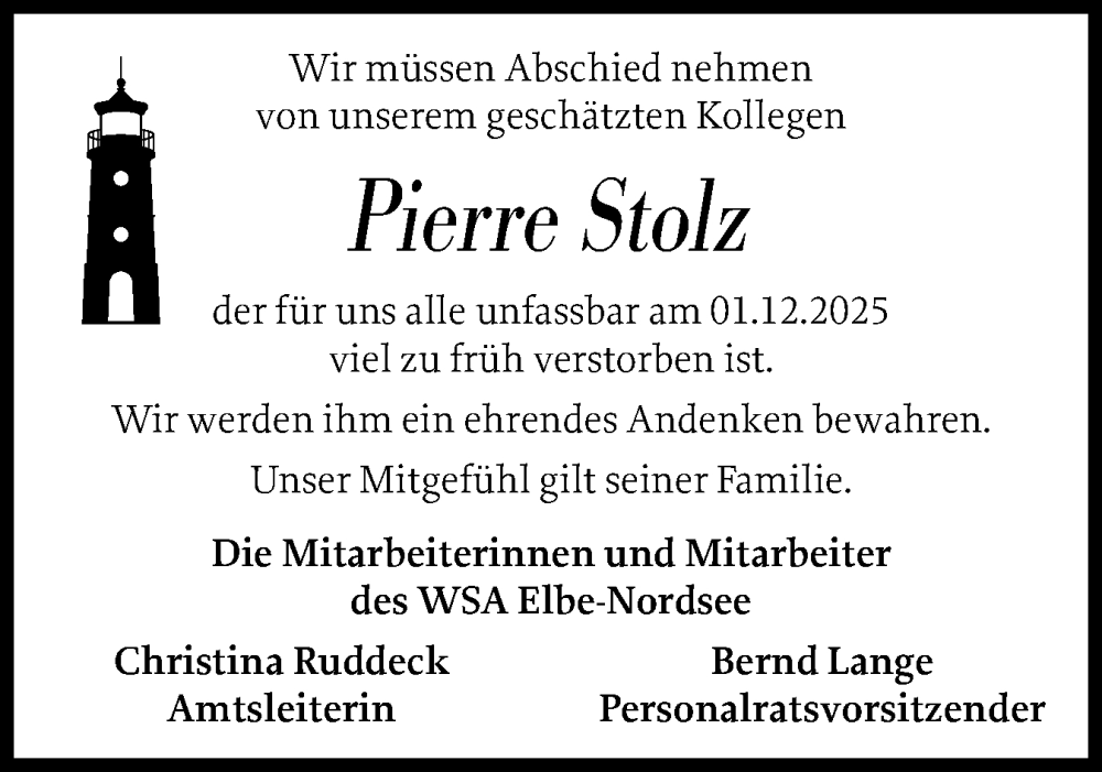  Traueranzeige für Pierre Stolz vom 27.12.2025 aus Region Pinneberg und tip Pinneberg
