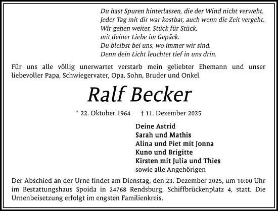 Traueranzeige von Ralf Becker von Schleswig-Holsteinische Landeszeitung