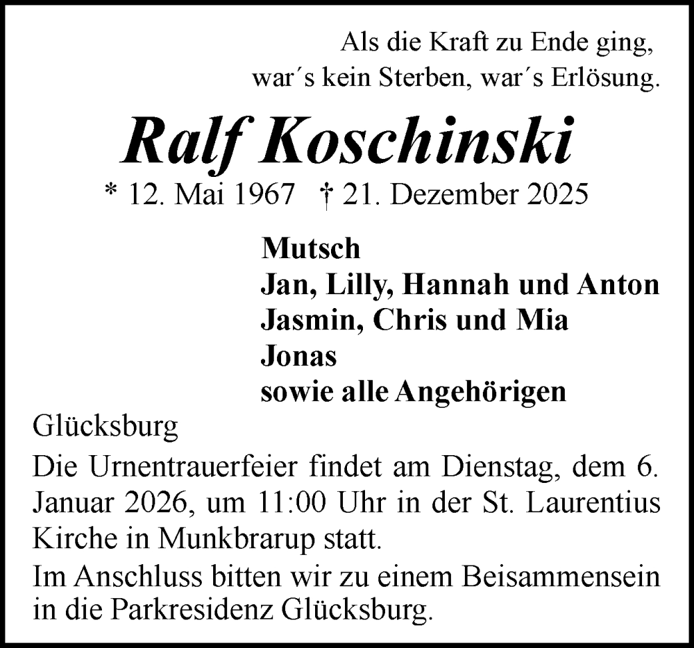  Traueranzeige für Ralf Koschinski vom 27.12.2025 aus Flensburger Tageblatt