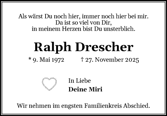 Traueranzeige von Ralph Drescher von Husumer Nachrichten, Nordfriesland Tageblatt