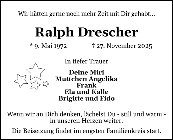 Traueranzeige von Ralph Drescher von Husumer Nachrichten, Nordfriesland Tageblatt