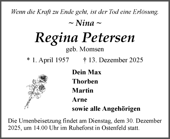 Traueranzeige von Regina Petersen von Husumer Nachrichten, Nordfriesland Tageblatt