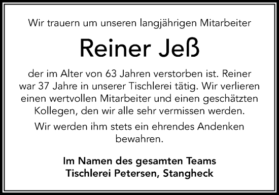 Traueranzeige von Reiner Jeß von Flensburger Tageblatt