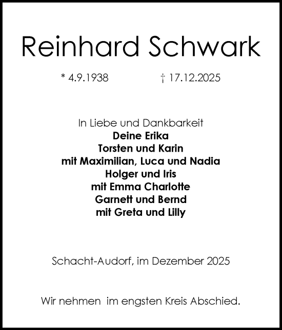 Traueranzeige von Reinhard Schwark von Schleswig-Holsteinische Landeszeitung