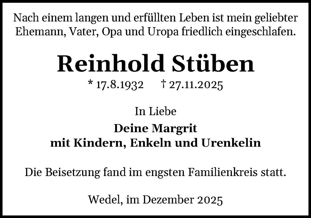  Traueranzeige für Reinhold Stüben vom 20.12.2025 aus Wedel-Schulauer Tageblatt, tip Wedel-Schulauer Tageblatt, tip Rissener Rundschau
