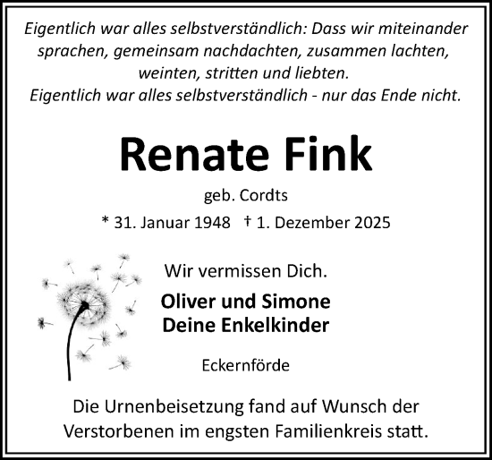 Traueranzeige von Renate Fink von Eckernförder Zeitung, Hallo Eckernförde