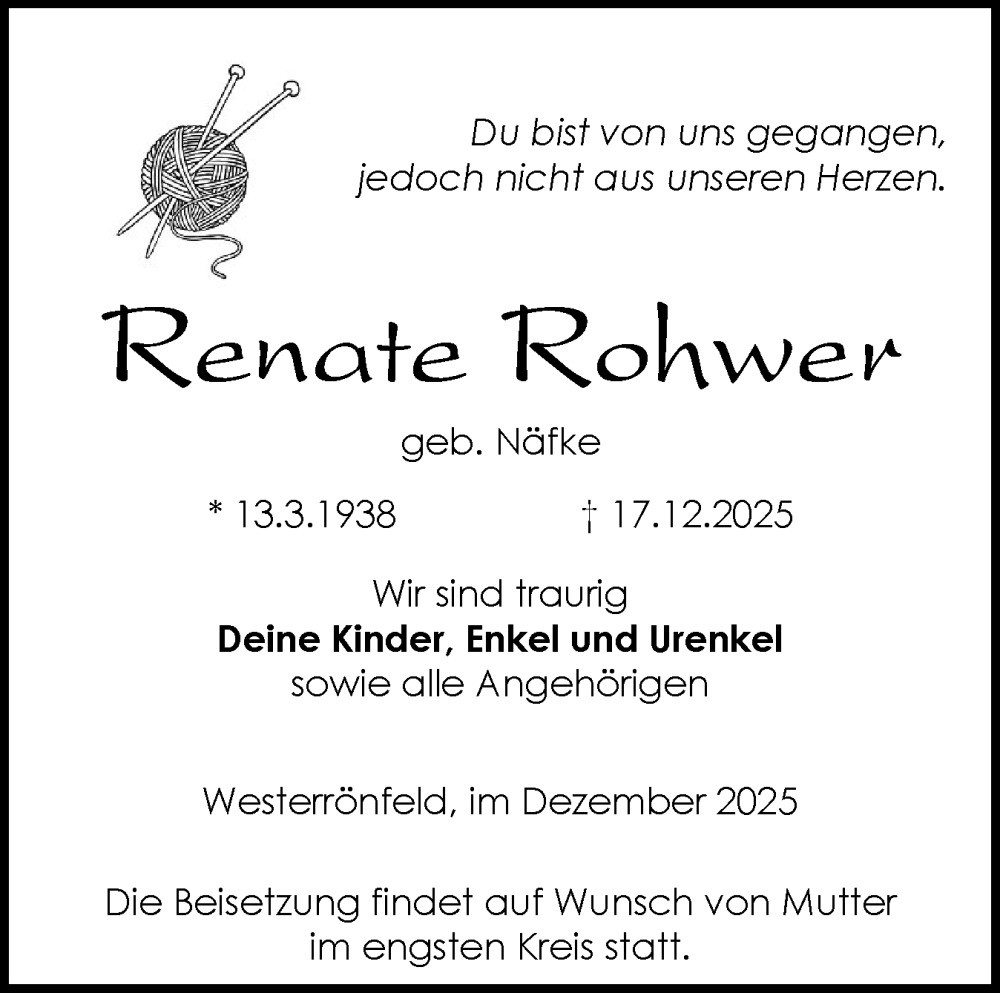  Traueranzeige für Renate Rohwer vom 27.12.2025 aus Schleswig-Holsteinische Landeszeitung