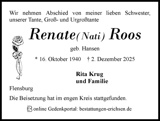 Traueranzeige von Renate Roos von Flensburger Tageblatt