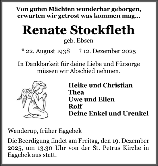 Traueranzeige von Renate Stockfleth von Flensburger Tageblatt, Schleswiger Nachrichten, Schlei-Bote