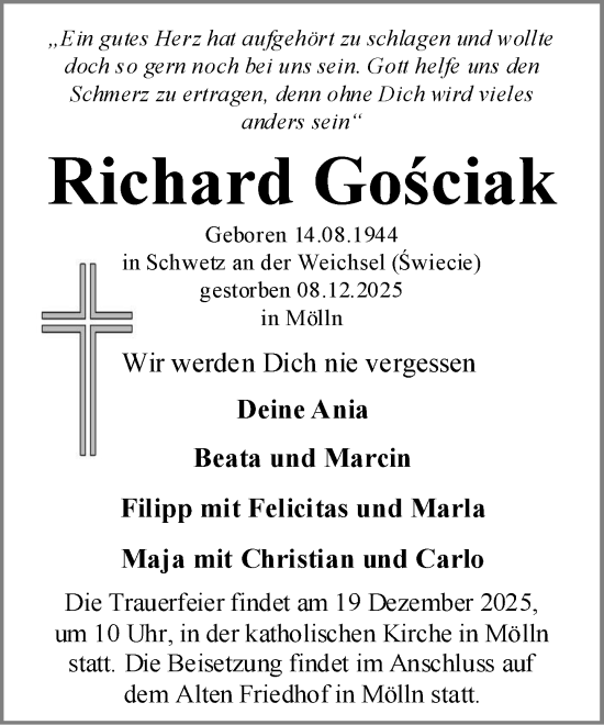 Traueranzeige von Richard Gosciak von MARKT Ratzeburg/Mölln