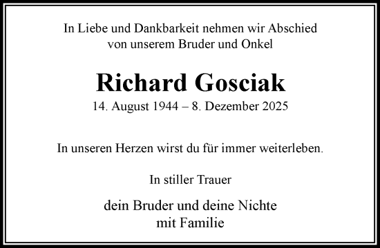 Traueranzeige von Richard Gosciak von MARKT Ratzeburg/Mölln