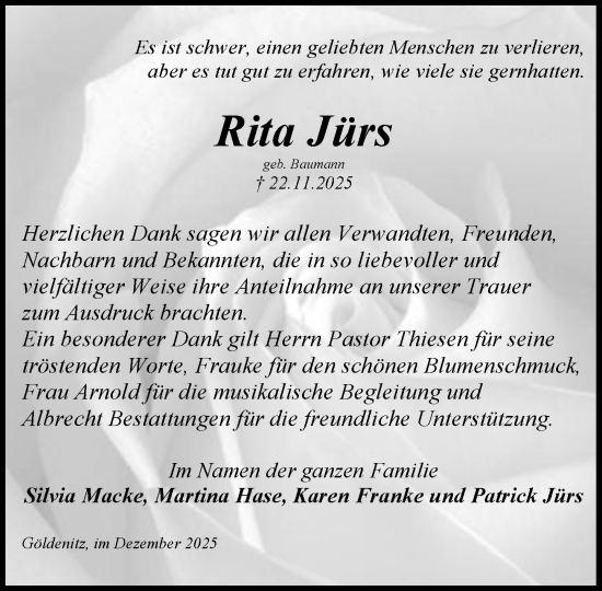 Traueranzeige von Rita Jürs von MARKT Ratzeburg/Mölln