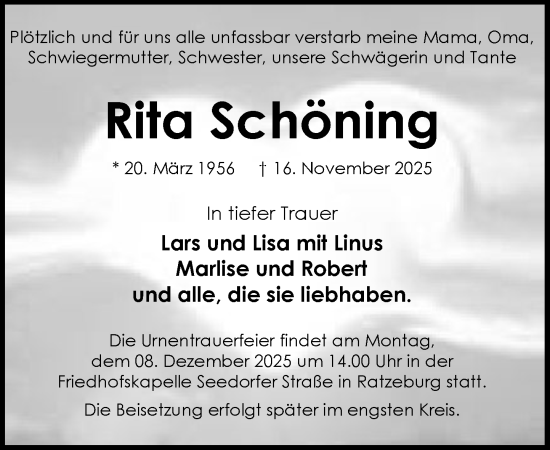Traueranzeige von Rita Schöning von MARKT Ratzeburg/Mölln