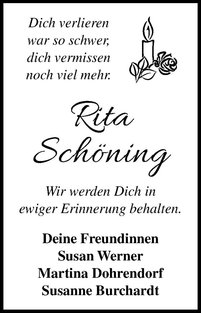  Traueranzeige für Rita Schöning vom 06.12.2025 aus MARKT Ratzeburg/Mölln