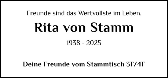 Traueranzeige von Rita von Stamm von Flensburger Tageblatt