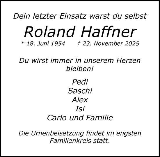 Traueranzeige von Roland Haffner von MARKT Glinde/Reinfeld