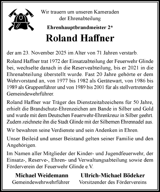 Traueranzeige von Roland Haffner von MARKT Glinde/Reinfeld