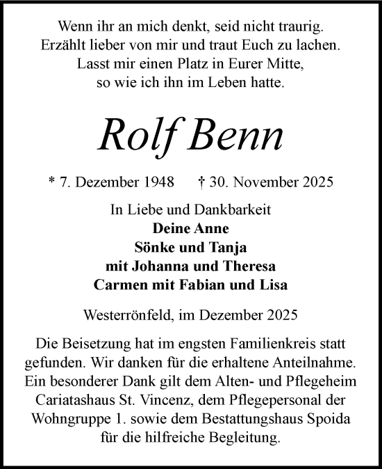 Traueranzeige von Rolf Benn von Schleswig-Holsteinische Landeszeitung