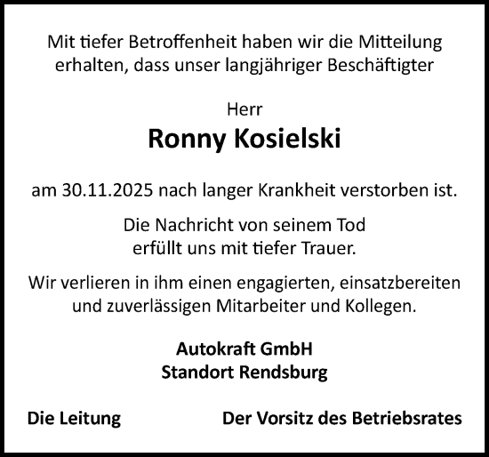 Traueranzeige von Ronny Kosielski von Schleswig-Holsteinische Landeszeitung