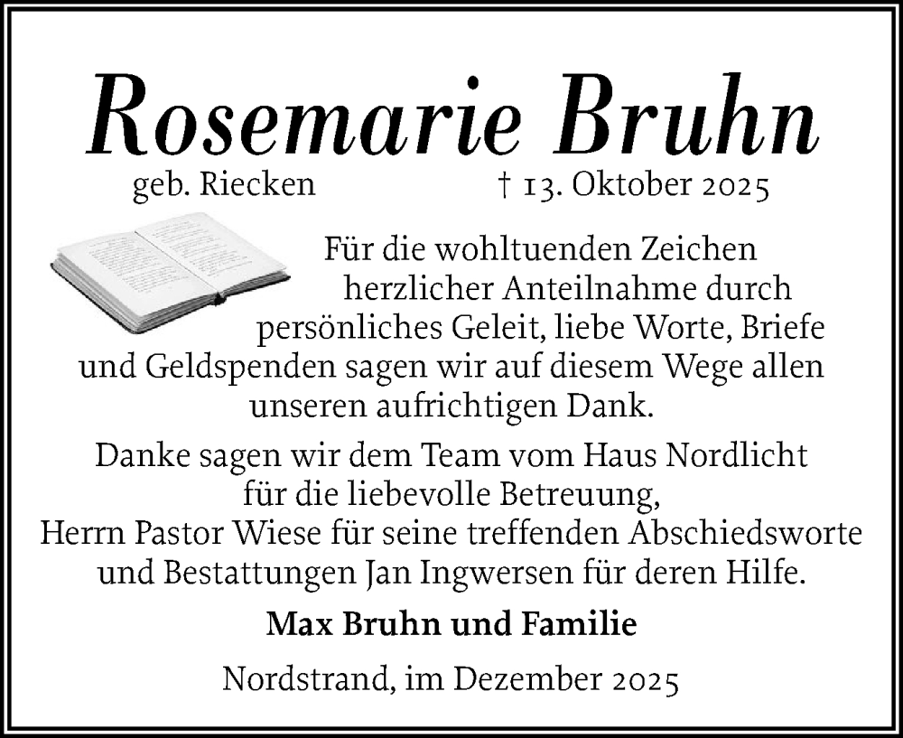  Traueranzeige für Rosemarie Bruhn vom 03.12.2025 aus Husumer Nachrichten, Nordfriesland Tageblatt