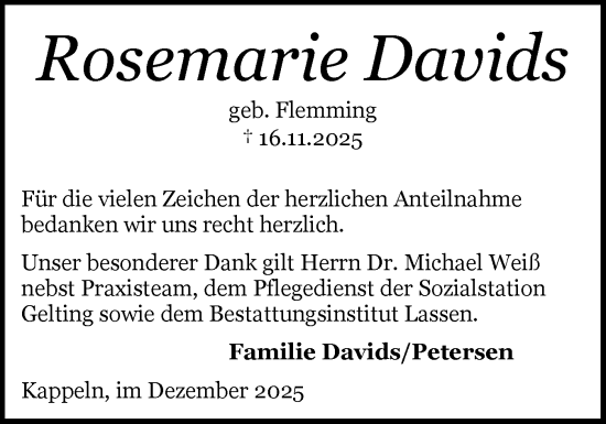 Traueranzeige von Rosemarie Davids von Schleswiger Nachrichten, Schlei-Bote