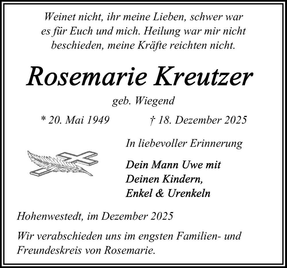  Traueranzeige für Rosemarie Kreutzer vom 23.12.2025 aus Schleswig-Holsteinische Landeszeitung
