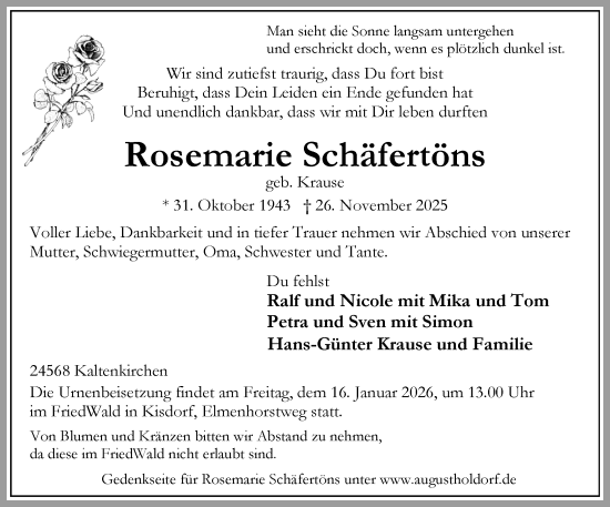 Traueranzeige von Rosemarie Schäfertöns von Umschau