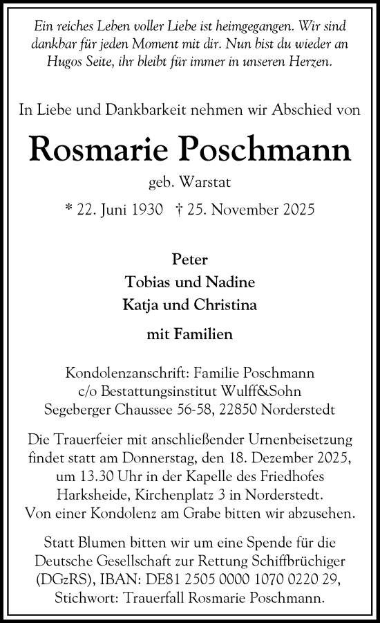 Traueranzeige von Rosmarie Poschmann von Heimatspiegel