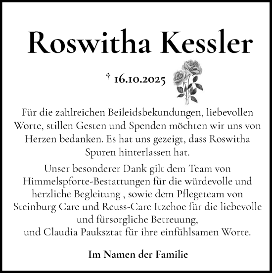 Traueranzeige von Roswitha Kessler von Norddeutsche Rundschau, Wilstersche Zeitung, Glückstädter Fortuna