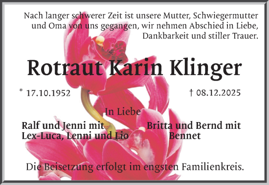 Traueranzeige von Rotraut Karin Klinger von Eckernförder Zeitung, Hallo Eckernförde