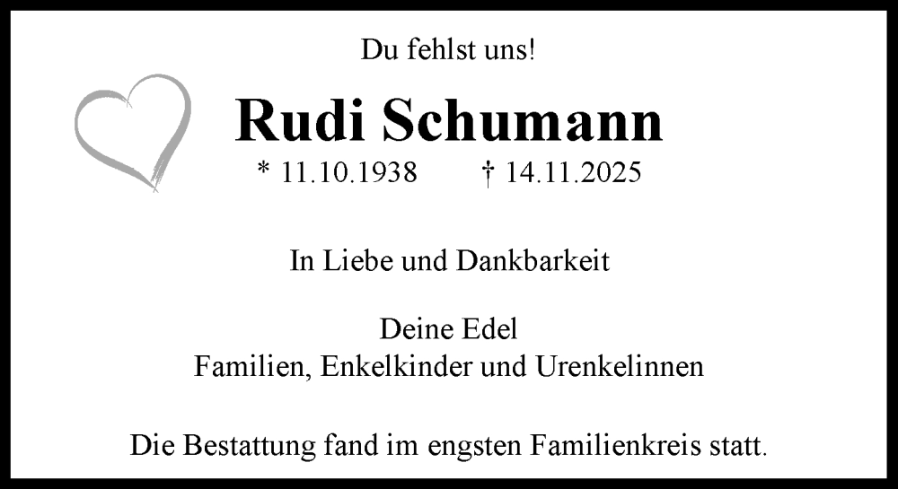  Traueranzeige für Rudi Schumann vom 13.12.2025 aus Umschau
