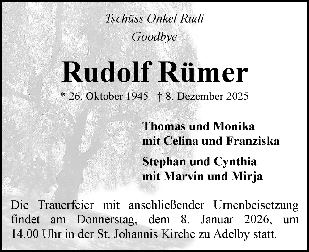  Traueranzeige für Rudolf Rümer vom 20.12.2025 aus Flensburger Tageblatt