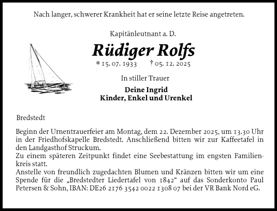 Traueranzeige von Rüdiger Rolfs von Husumer Nachrichten, Nordfriesland Tageblatt