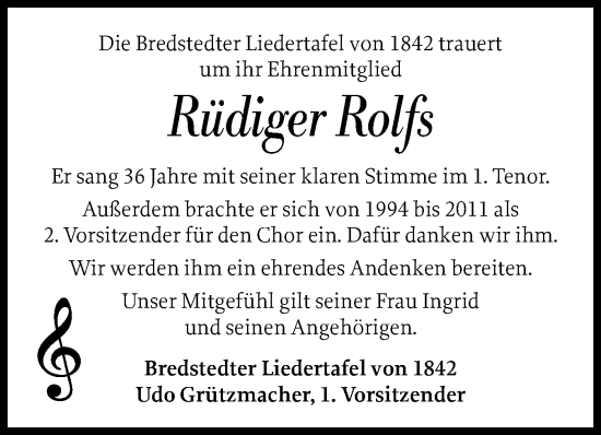 Traueranzeige von Rüdiger Rolfs von Husumer Nachrichten, Nordfriesland Tageblatt