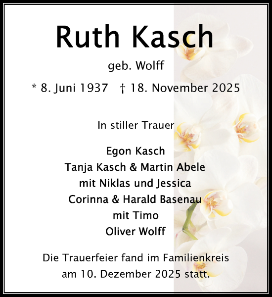 Traueranzeige von Ruth Kasch von MARKT Bad Oldesloe/Reinfeld und Stormarner Tageblatt