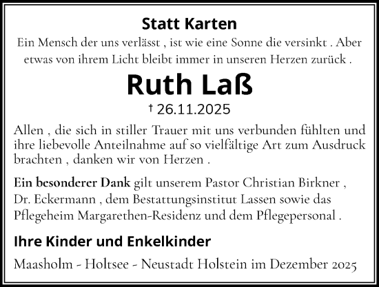 Traueranzeige von Ruth Laß von Schleswiger Nachrichten, Schlei-Bote