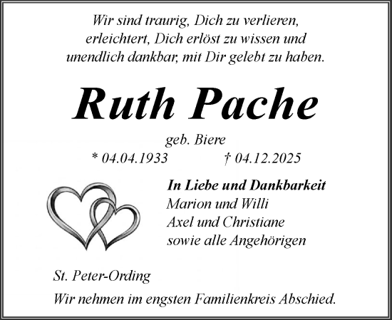 Traueranzeige von Ruth Pache von Husumer Nachrichten, Nordfriesland Tageblatt