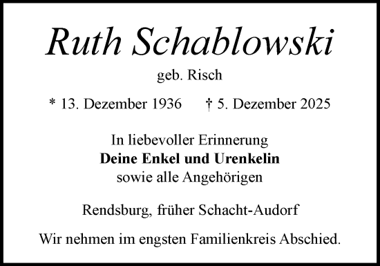 Traueranzeige von Ruth Schablowski von Schleswig-Holsteinische Landeszeitung