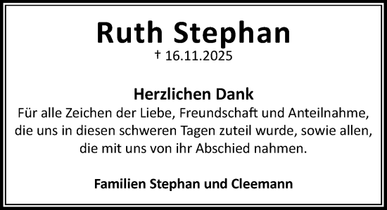 Traueranzeige von Ruth Stephan von MARKT Bad Oldesloe/Reinfeld und Stormarner Tageblatt